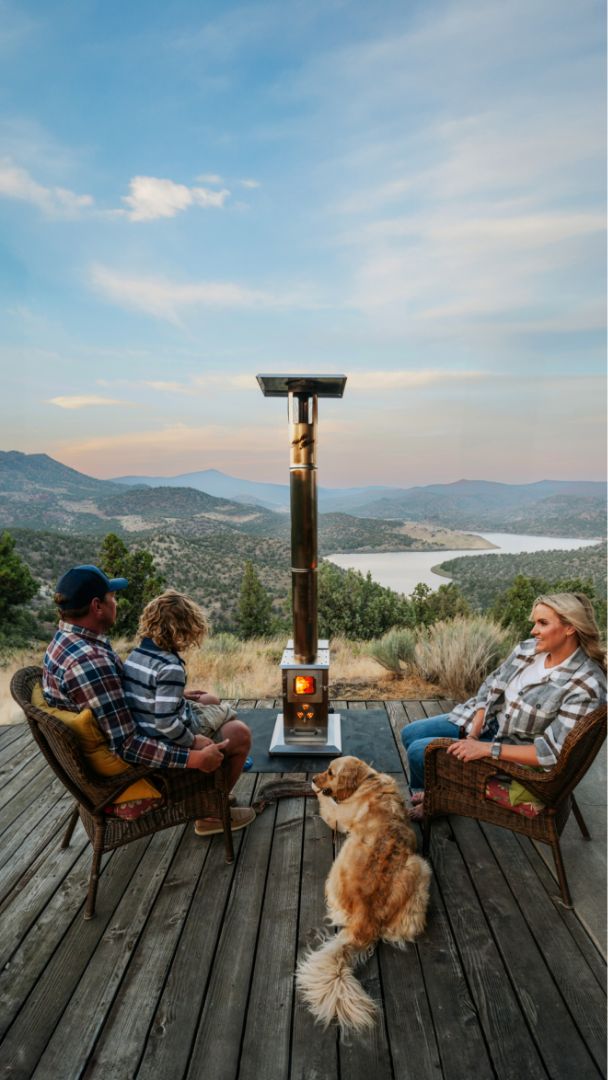 A Timber Patio Heater demonstrating its 300 sq. ft. heating radius