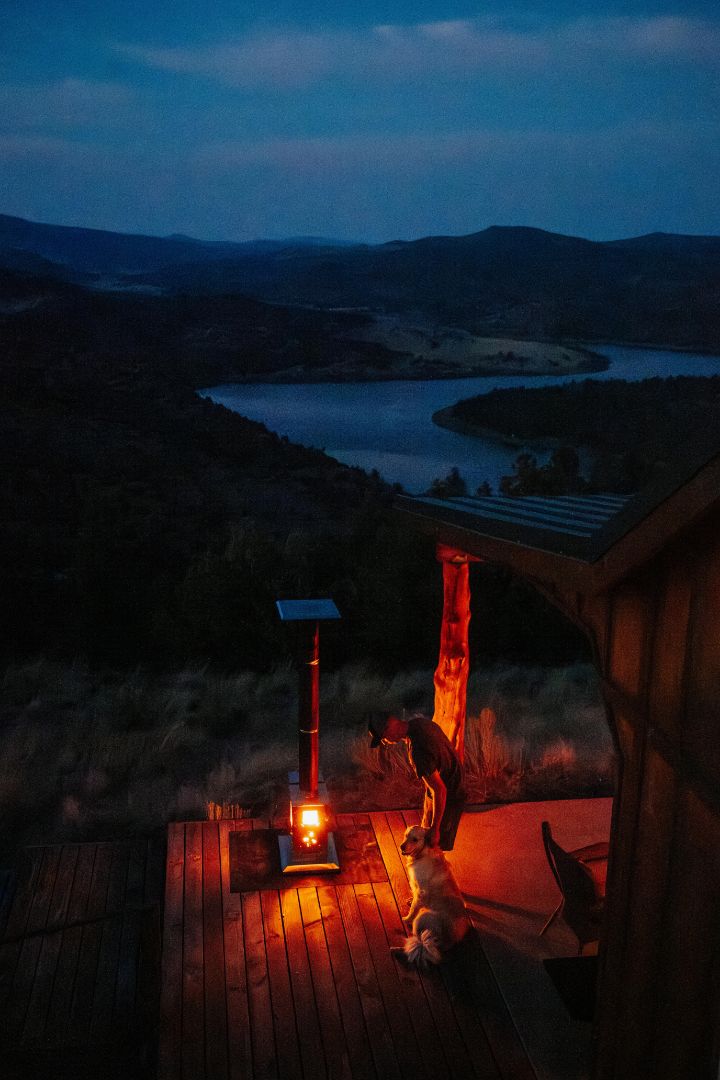 The Lil' Timber patio heater on a backyard deck