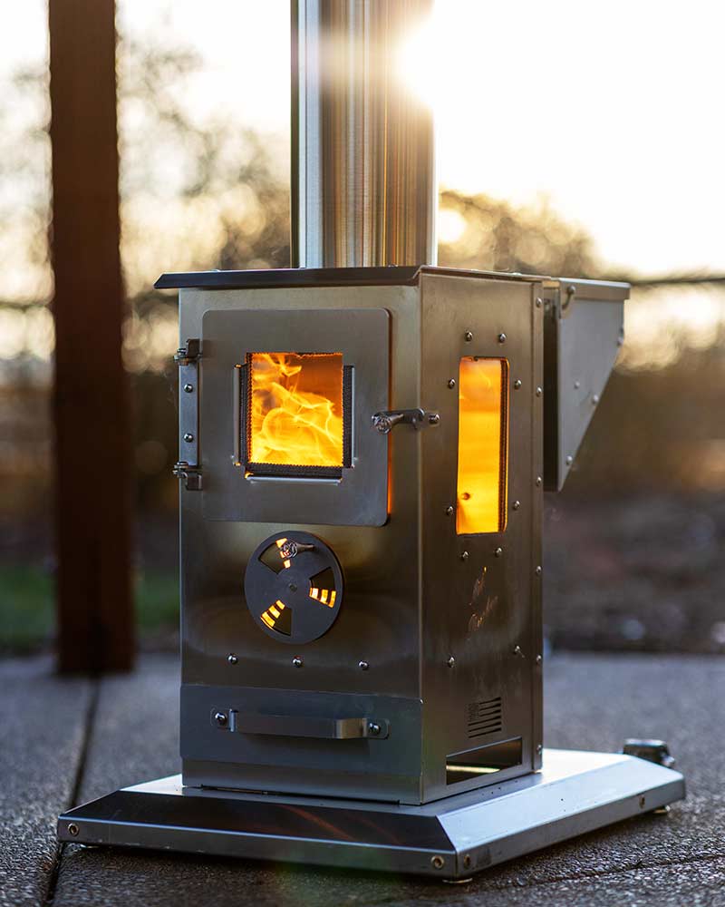 A Timber Patio Heater demonstrating its 300 sq. ft. heating radius