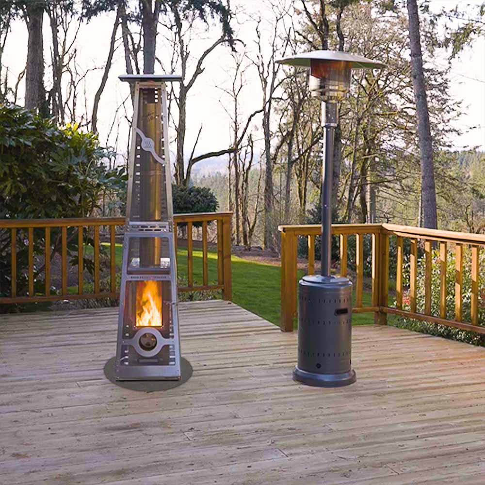 A wood pellet patio heater and a propane patio heater.