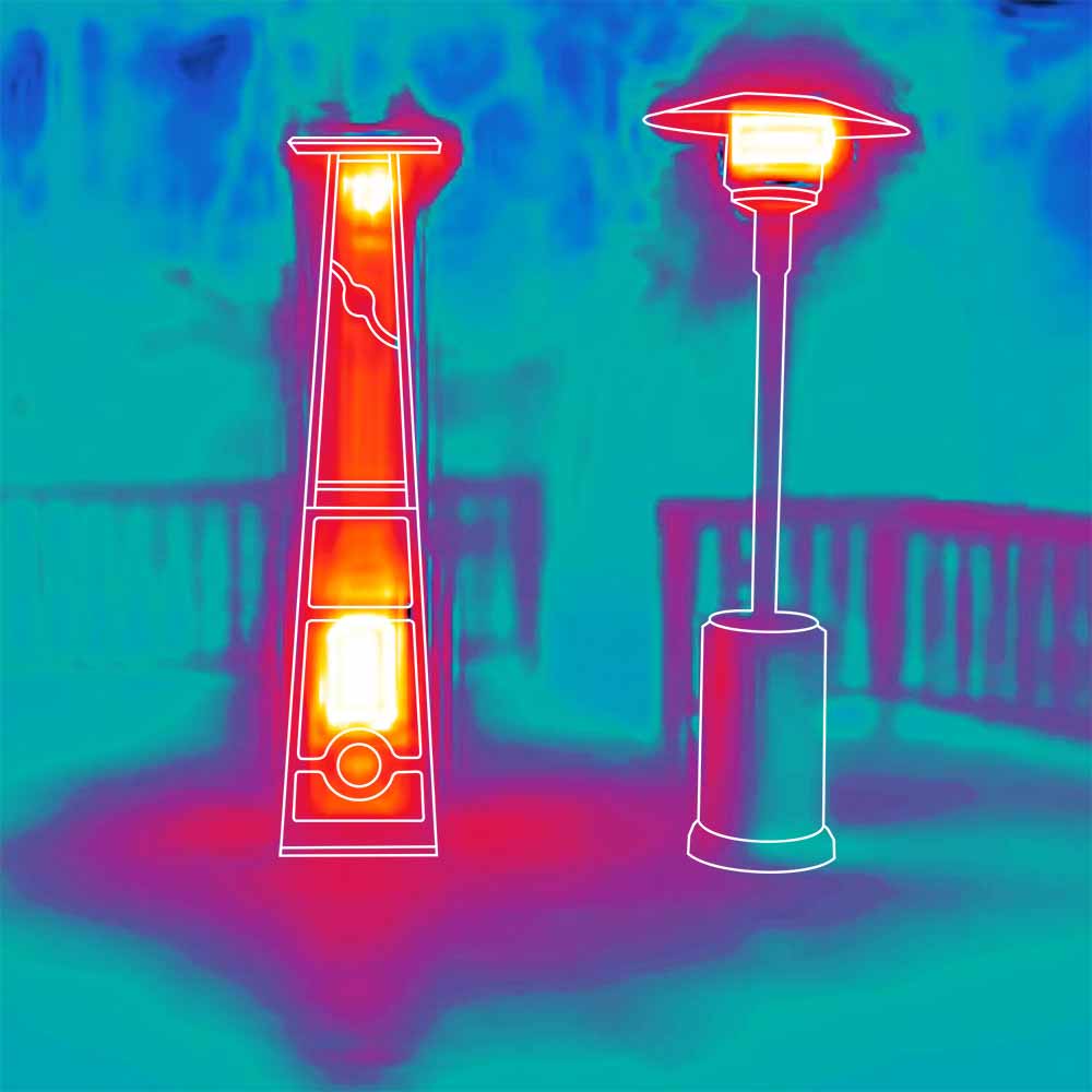 A thermal image of a wood pellet patio heater next to a propane patio heater.